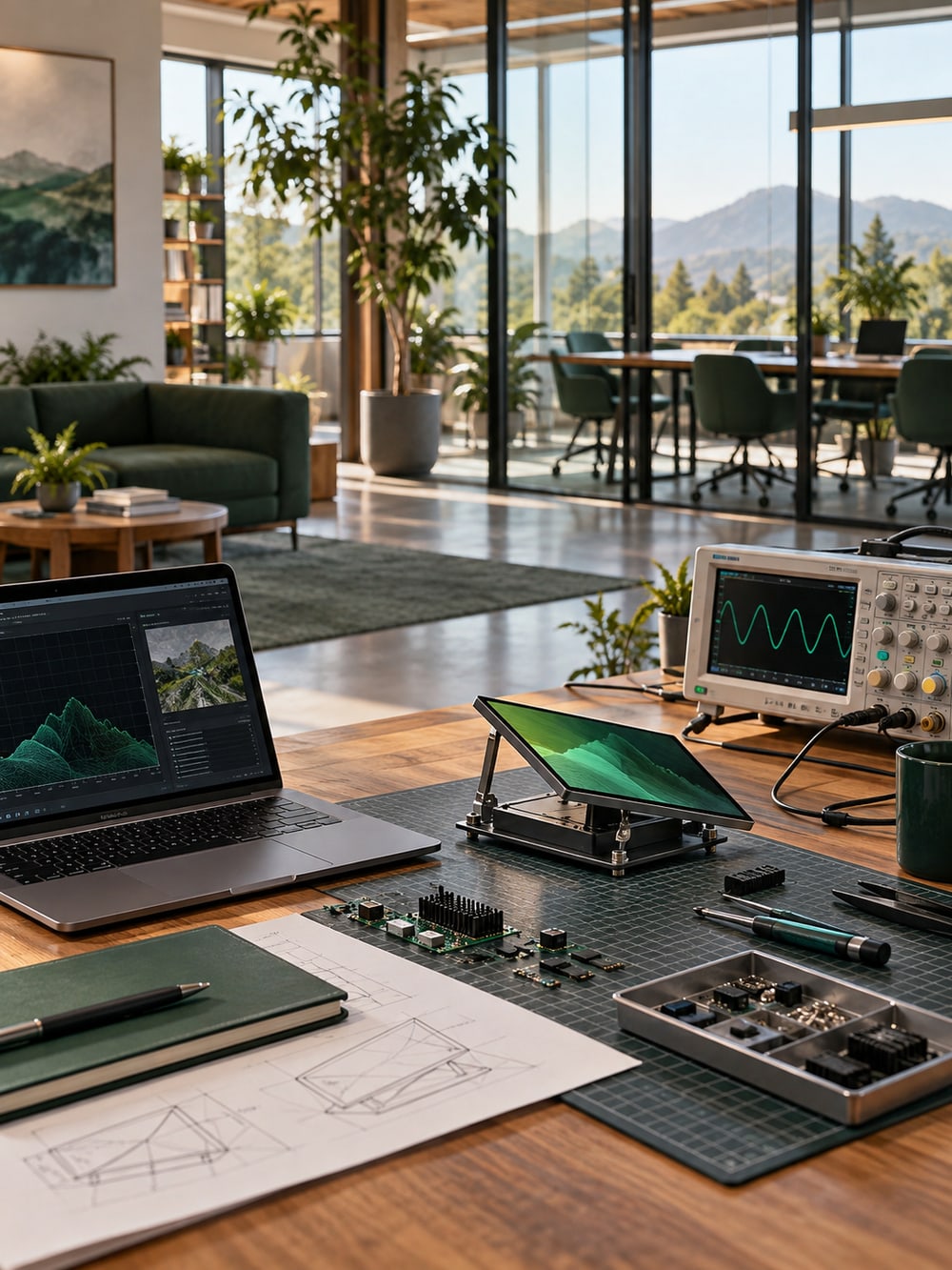 Illustrative engineering workspace with a laptop and display prototype
